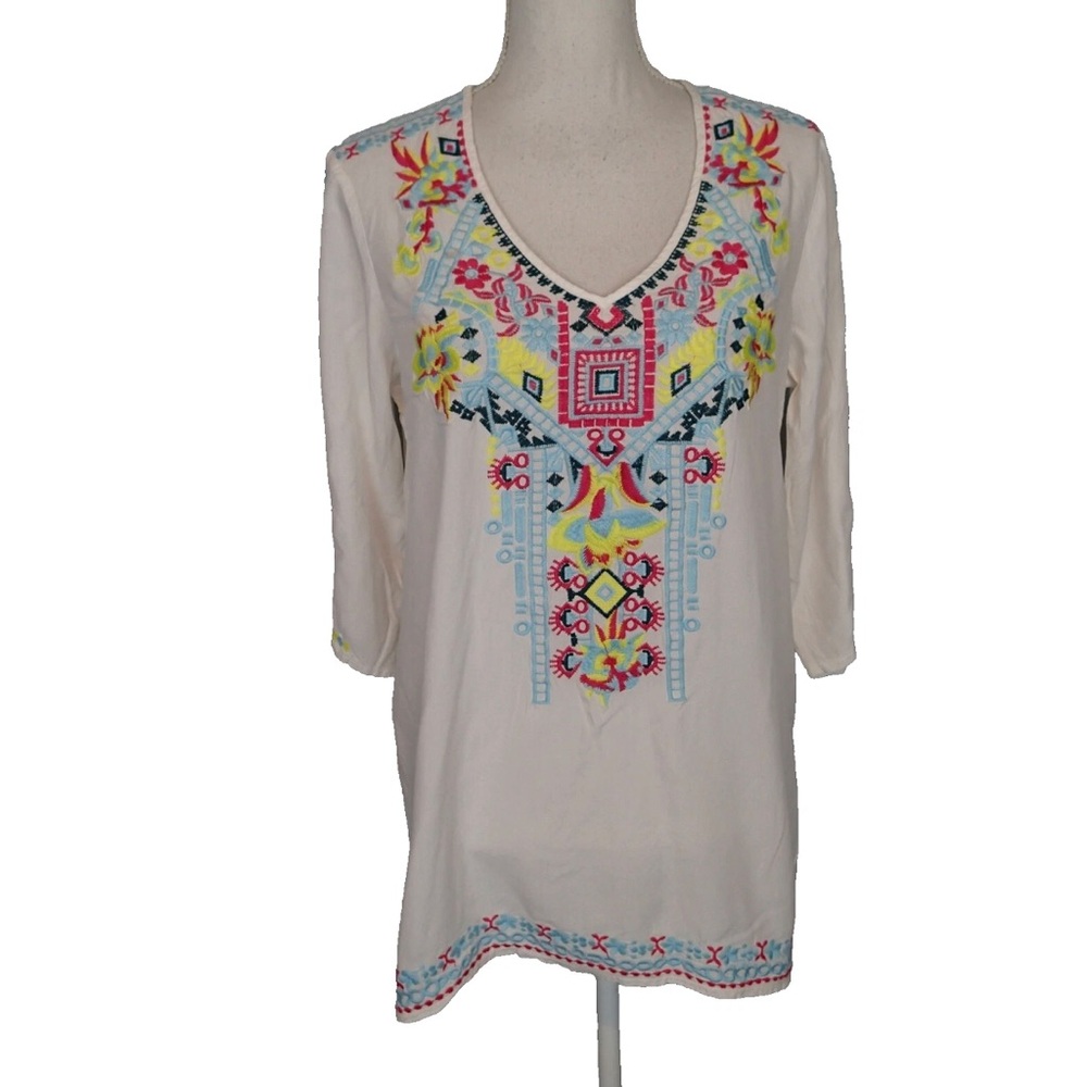 Solitaire Shirt top White Embroidered Casual Beach Boho tunic Women’s Size S